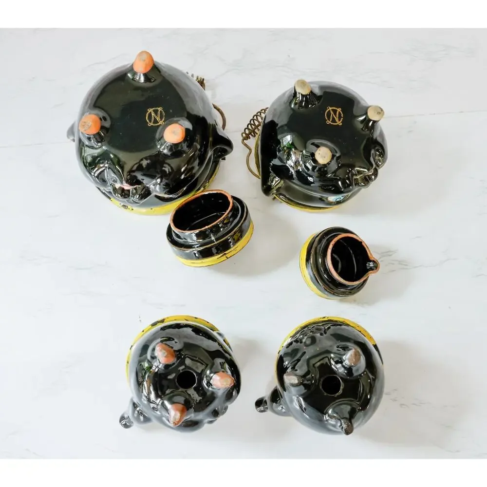 VTG Norcrest Anthropomorphic Black Cat Kettle Creamer Sugar Salt Pepper Set MCM